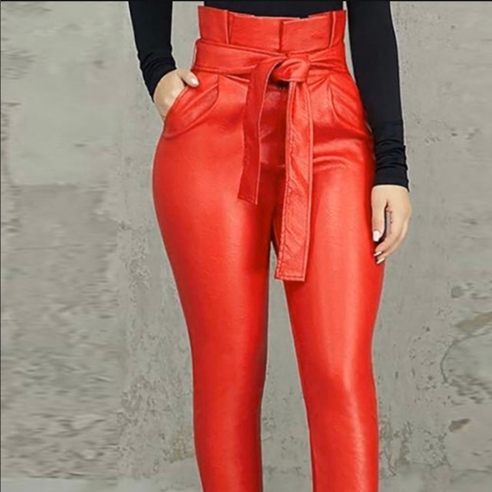Paperbag High Waist Belted PU Pants Size Large